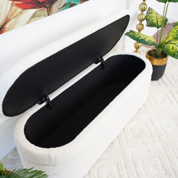 English Elm Ashcroft Furniture - Cabana Mid-Century Bouclé Storage Bench in Ivory with Teak Frame — Plush, Pet-Friendly, 49"L B183P231329