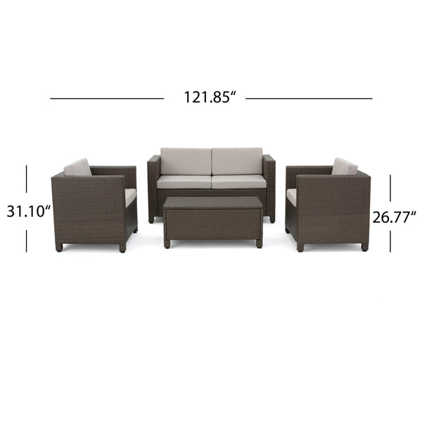 English Elm Christopher Knight Home® - PUERTA Outdoor 4-Piece Wicker Sofa Set with Waterproof Cushions, All-Weather Rattan, Compact Seating Brown 52978.00BRN