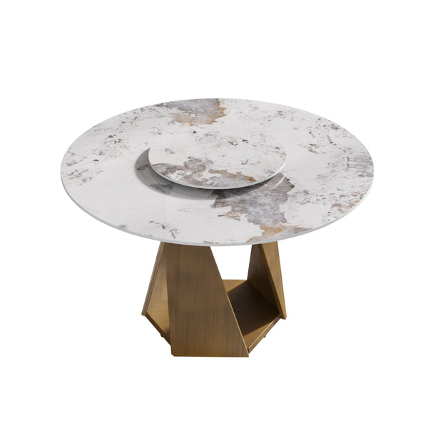 English Elm 53" Round Marble Dining Table With Bronze Base, Lazy Susan & Modern Design For 6 People, White W1535S00470