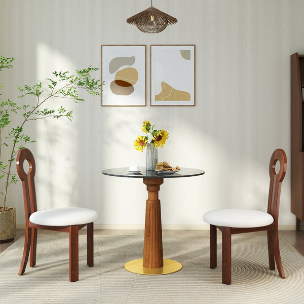 English Elm Modern Round Dining Table, 33.5" Glass Top With Stylish Wooden Legs & Gold Base For Compact Spaces W1535S00571