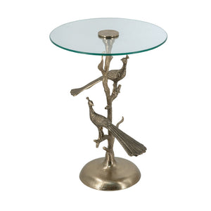 English Elm 17.7x17.7x24" Gold Peacock Round Glass Top Sculptural Aluminum Art Deco Accent Table W2078P461575