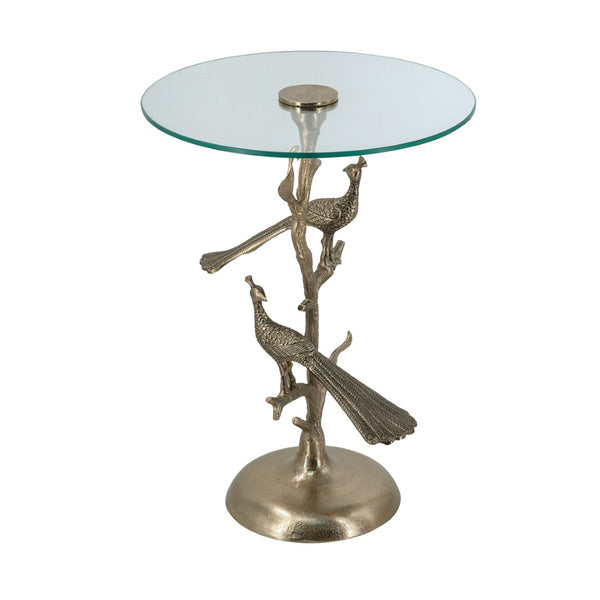 English Elm 17.7x17.7x24" Gold Peacock Round Glass Top Sculptural Aluminum Art Deco Accent Table W2078P461575