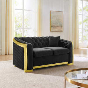English Elm Luxury Velvet Tufted Chesterfield Loveseat with Gold Steel Trim for Living Room Black W1191S00115