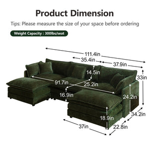 English Elm U-shaped Chenille Sectional with Dual Ottomans Modular Living Room Sofa in Green W714S00465