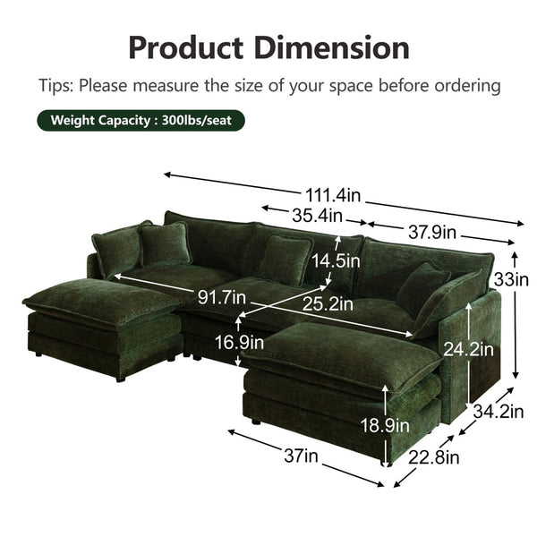 English Elm U-shaped Chenille Sectional with Dual Ottomans Modular Living Room Sofa in Green W714S00465