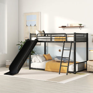 English Elm Metal Bunk Bed with Slide Twin over Twin Stylish Space-Saving Metal Frame, Safe Stairs & Playful Slide Fun Black MF285671AAB