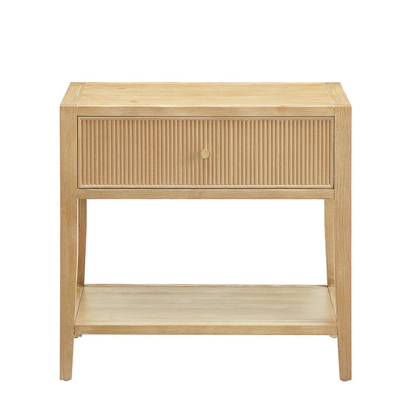 English Elm Fleur Natural 1-Drawer Nightstand with Reeded Drawer, Gold Pull, Tapered Legs, Lower Shelf, 29" H B050P376966