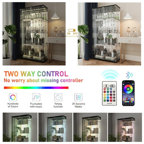 English Elm Tempered Glass Display Cabinet With Mirrored Back, Bluetooth Led Light & Lock For Secure Storage W3155S00015-GIGA