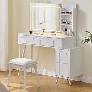 English Elm Modern Makeup Vanity Desk with Slide-Out Cabinet, LED Mirror, 4 Soft-Close Drawers & Cushioned Stool White N844P257529A