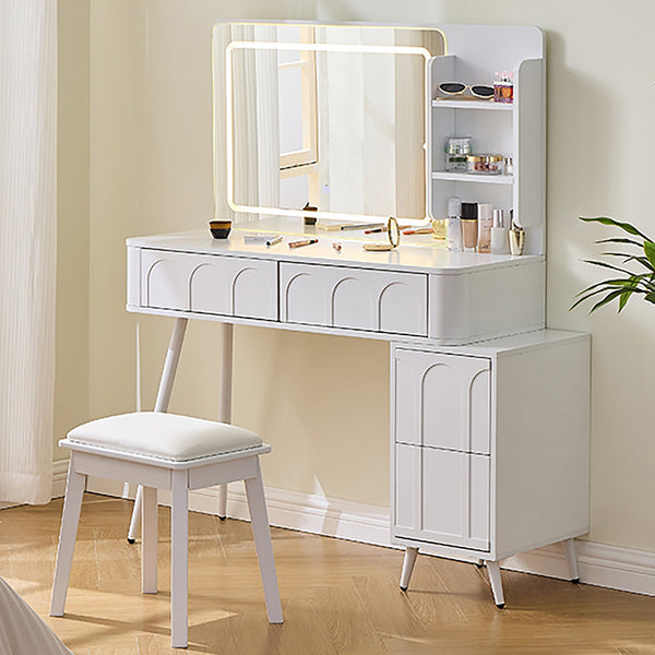 English Elm Modern Makeup Vanity Desk with Slide-Out Cabinet, LED Mirror, 4 Soft-Close Drawers & Cushioned Stool White N844P257529A