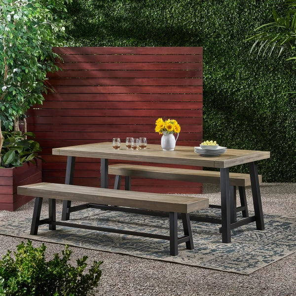 English Elm Christopher Knight Home® - Outdoor Acacia Wood 3-Piece Picnic Dining Set with Gray Finish, Rustic Metal Legs, Handcrafted Flair 66255.00GRY2_65539.00GRY