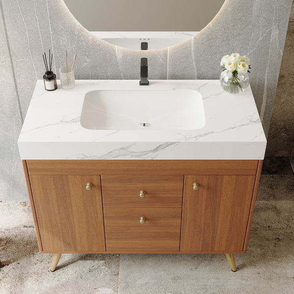 English Elm 36" Freestanding Bathroom Vanity Sintered Stone Top Ceramic Sink Stainless Steel Legs Gold,Walnut,White W3136S00074