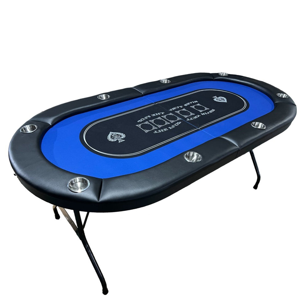 English Elm Ino Design Foldable Oval Poker Table Felt Surface Faux Leather Rails Seats Eight Players Blue W2748P412995