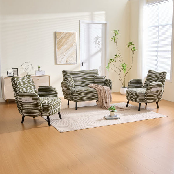English Elm Modern tufted two-seater sofa with boucle upholstery, tapered legs, storage pockets and plush comfort for small spaces and offices Olive Green W395P376589