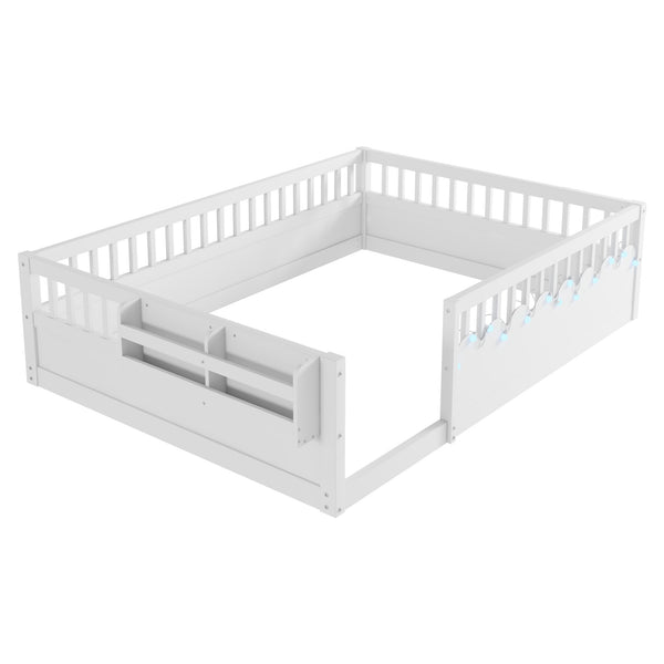 English Elm Full Montessori floor bed offering high rails, built-in light and shelf for safe independent sleep and storage White 79.13 L x 13 W x 6.3 H W2593P333586