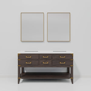 English Elm Brown Oak Double Bath Vanity With White Quartz Top & 28 In. Mirrors - Elegant Storage Solution! B2731S01632