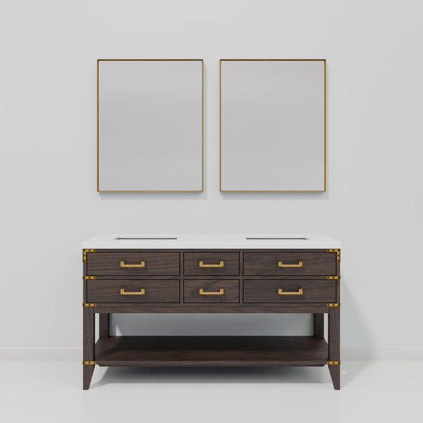 English Elm Brown Oak Double Bath Vanity With White Quartz Top & 28 In. Mirrors - Elegant Storage Solution! B2731S01632