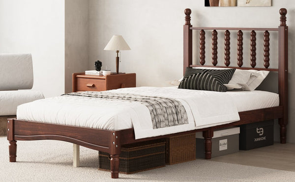 English Elm Twin Rubberwood Platform Bed Gourd Headboard Retro Bohemian Bedroom Slat Base Walnut N733P427029D