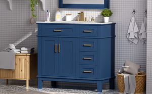 English Elm 36" Navy Bathroom Vanity Solid Wood Frame Ceramic Sink Gold Hardware Soft Close Blue N729P380151C