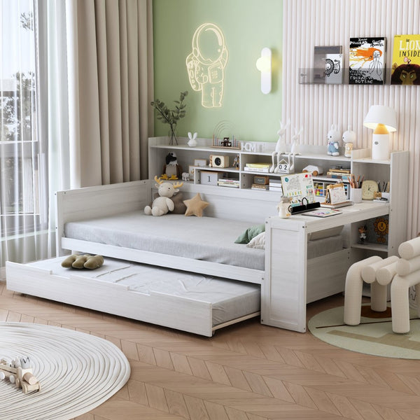 English Elm Wooden Twin Daybed with Trundle Built-in Desk and Open Shelves for Kids Rooms Antique White N733S373389K