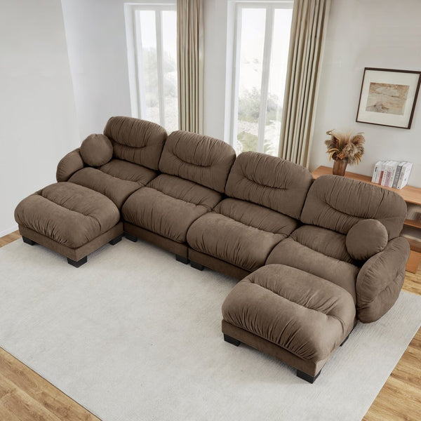 English Elm Pleated Chenille U-shape Modular Sectional Sofa with Ottomans and Ergonomic Foam Cushions Brown W5656S00063