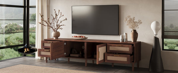 English Elm 78 Inch Rattan Media Console with Pine Legs Four Drawers Modern Living Room Tv Stand N710P365048P