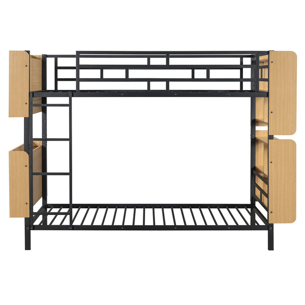 English Elm Twin Metal Bunk Bed with Built-In Headboard Storage and Footboard Shelves, Sturdy Space-Saving Design Black SF000176AAB