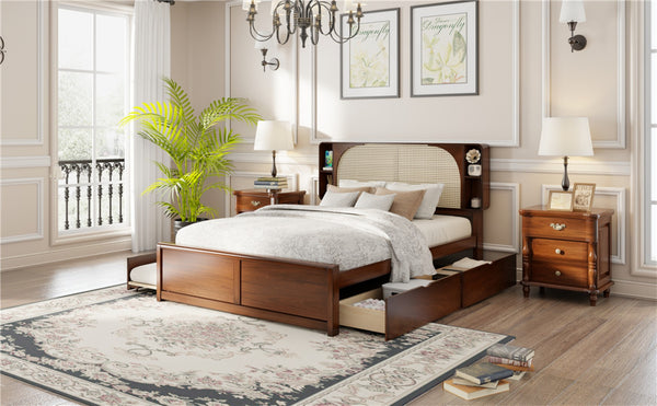 English Elm Queen Size Rattan Headboard Bed With Trundle, Drawers & Elegant Walnut Finish For Versatile Style N820S00013D-GIGA