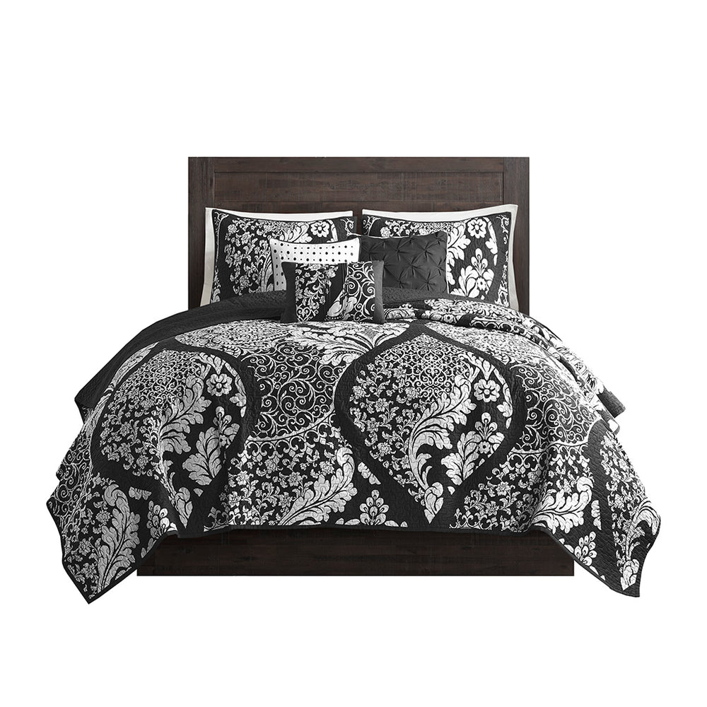 JLA Home Madison Park - 6 Madison Park Vienna Cotton Sateen Quilt Set — Reversible Damask Design with 3 Embroidered Accent Pillows Black MP13-7959
