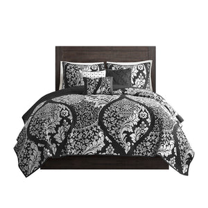 JLA Home Madison Park - 6 Piece Printed Cotton Quilt Set Madison Park Vienna — Reversible Damask Sateen Quilt with 3 Embroidered Pillows Black MP13-7958