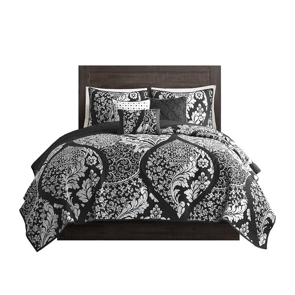 JLA Home Madison Park - 6 Piece Printed Cotton Quilt Set Madison Park Vienna — Reversible Damask Sateen Quilt with 3 Embroidered Pillows Black MP13-7958