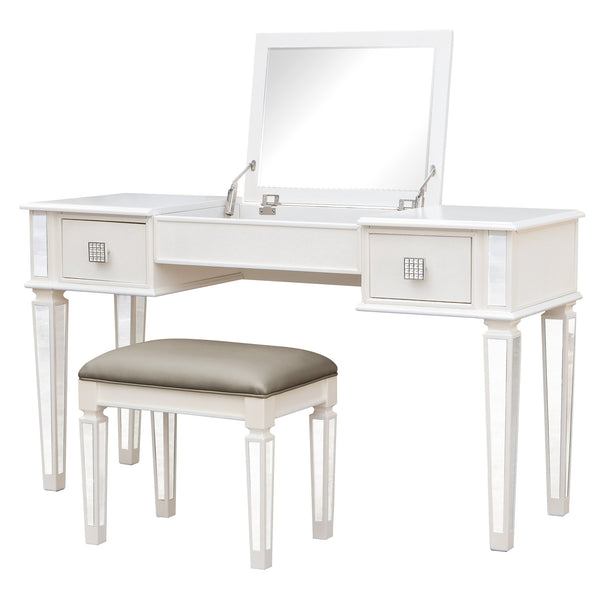 English Elm Mirrored Vanity Desk with Drawers and Flip-Up Mirror, Silver PU Stool, Crystal Knobs, Storage Elegance W2170P209976