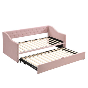 English Elm Twin Upholstered Daybed with Pop-Up Trundle, Space-Saving Guest Bed with Slats, Hydraulic Wheels, 81.9" L Pink SF000133AAH