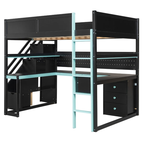 English Elm Full Size Gaming Loft Bed with Led Lighting Desk Shelves and Usb Charging Ports N820S00071C