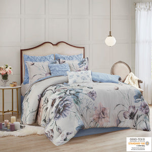 JLA Home Madison Park - 8 Romantic Cotton Floral Comforter Set with OEKO-TEX Cert, Breathable Blue Tones, Embroidered Accents 90 L x 90 W x 1.5H MP10-7834