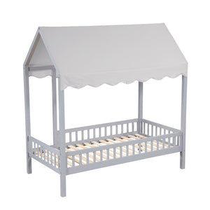 English Elm Gray Finish Canopy Platform Bed Scalloped Fabric Cover Solid Wood Twin Frame Gray B011P463890