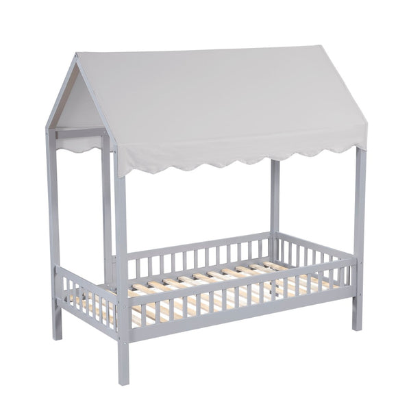English Elm Gray Finish Canopy Platform Bed Scalloped Fabric Cover Solid Wood Twin Frame Gray B011P463890