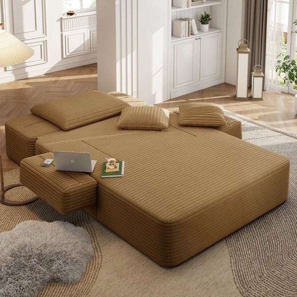 English Elm Luxurious Corduroy Convertible Chaise Lounge Sofa Bed with Storage and Coil Spring Foam Camel W3219P483086