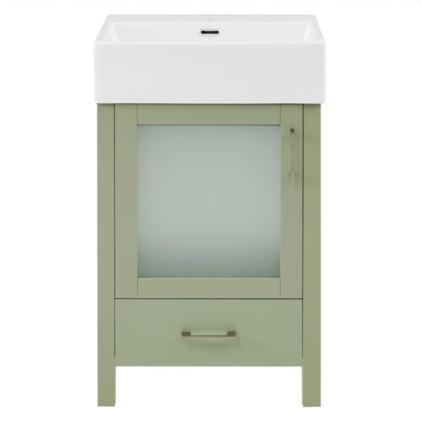 English Elm 20-Inch modern bathroom vanity with ceramic sink, soft-close door and ample storage for small spaces Green WF324691AAF
