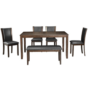 English Elm 6-Piece Farmhouse Dining Table Set With Bench & Chairs, Rustic Dark Walnut Finish For 6 People W1998S00065