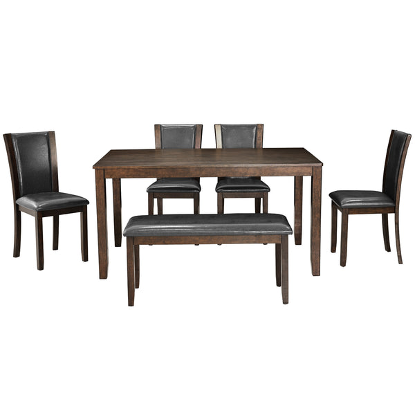 English Elm 6-Piece Farmhouse Dining Table Set With Bench & Chairs, Rustic Dark Walnut Finish For 6 People W1998S00065