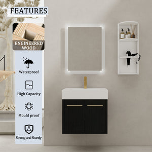 English Elm 24 Inch Wall-Mounted Bathroom Vanity Set With Thick Resin Sink & Three-Tier Storage Rack Design W999S00365