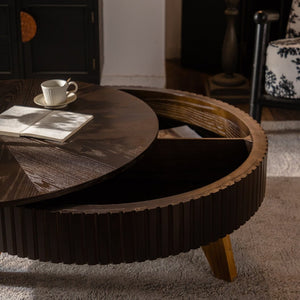 English Elm 39.37" Round Retro Coffee Table with Storage Mdf Top Solid Wood Legs Living Room W757P379484