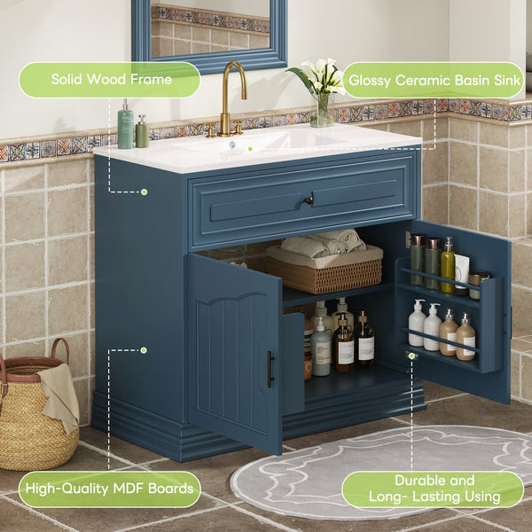 English Elm 36" Luxurious Bathroom Vanity with Ceramic Sink and Soft-Close Doors, Solid Wood Frame, Adjustable Shelves Blue N710P288944C