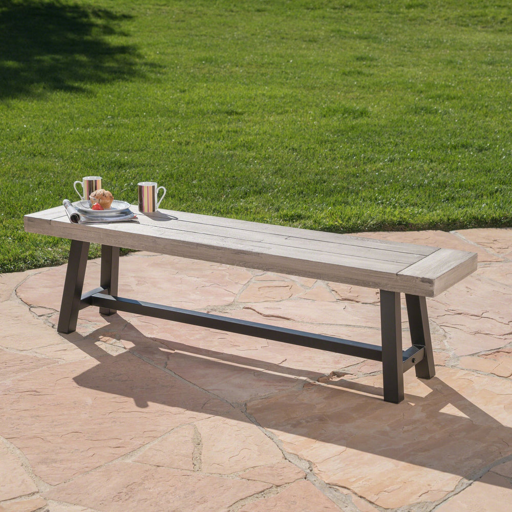 English Elm Christopher Knight Home® - Light Acacia Wood Outdoor Bench 66.5" Slat Top Industrial Design, Sandblast Grey Finish, Sturdy Metal Frame 54562.00MP1SGRY