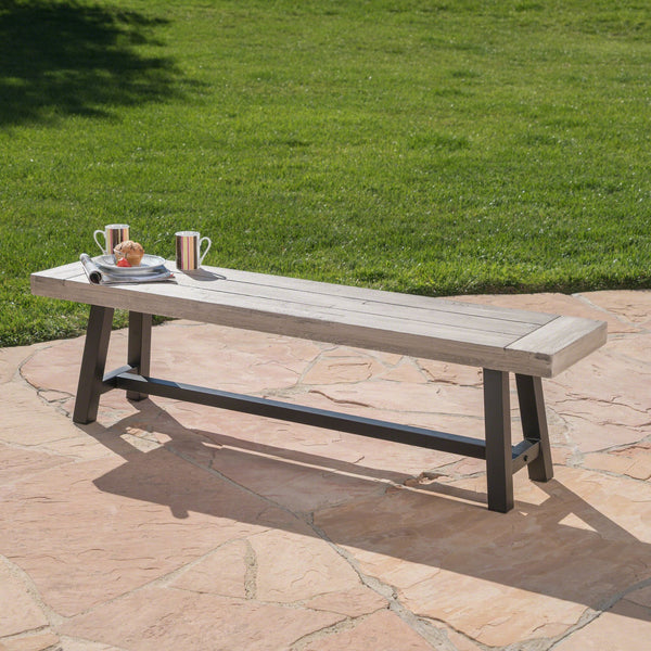English Elm Christopher Knight Home® - Light Acacia Wood Outdoor Bench 66.5" Slat Top Industrial Design, Sandblast Grey Finish, Sturdy Metal Frame 54562.00MP1SGRY