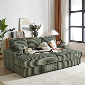 English Elm 84Inch Corduroy sofa with deep seats, 3 back pillows, 2 toss pillows, ottomans, cup grooves, storage Army Green W834S00355
