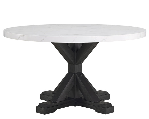 English Elm 1pc Round Faux Marble Dining Table 54" Glossy Top on Black Tapered Legs Modern Centerpiece White 57 L x 57 W x 11 H B011S00982