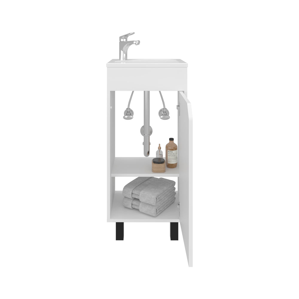 English Elm Bethel Narrow 15.7" One-Door Freestanding Vanity with Resin Sink, White MDF, Space-Saving Bathroom Storage B200P335371