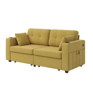 English Elm Sofas for Living Room Chenille Three Seat Couch with Usb Charging Storage and Cup Holder Mustard Yellow W395S00145